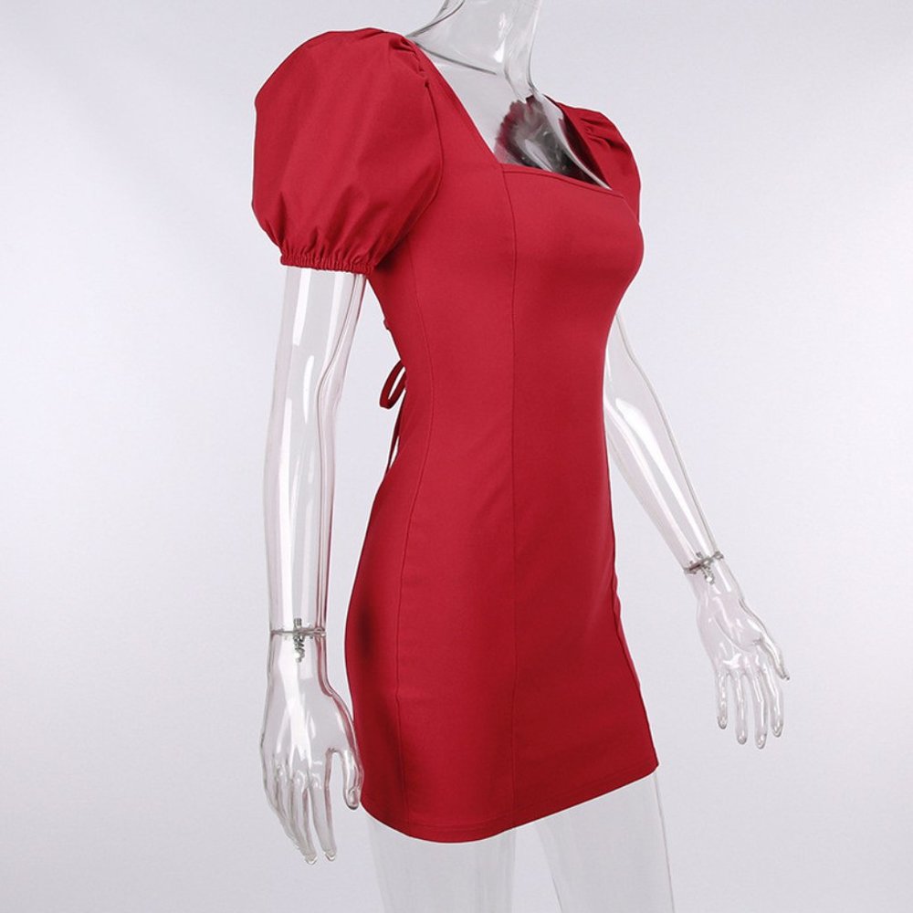RED RUFFLE MINI PUFF SLEEVE DRESS - Picture 4 of 8